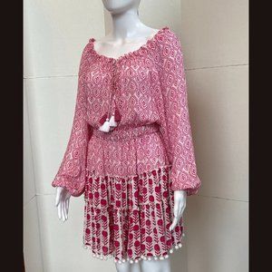 Celina Moon NWT Pink and White Summer Dress Coverup Tassels Pom Poms Sz M Med